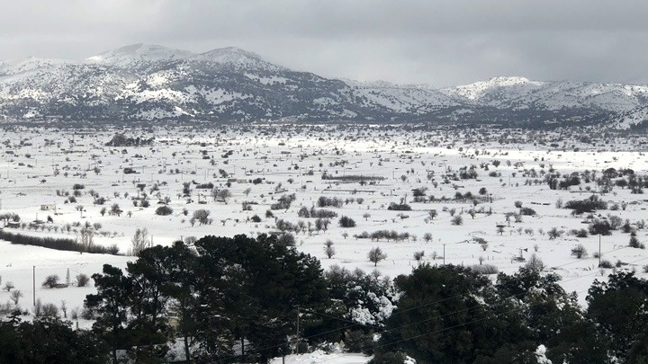 Χιόνια στο Οροπέδιο Λασιθίου στην Κρήτη – Διακοπές ρεύματος και κλειστά σχολεία