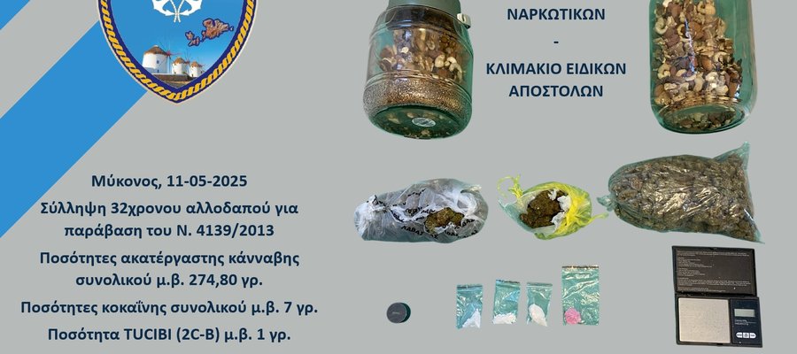 Σύλληψη αλλοδαπού για κατοχή ναρκωτικών ουσιών στη Μύκονο