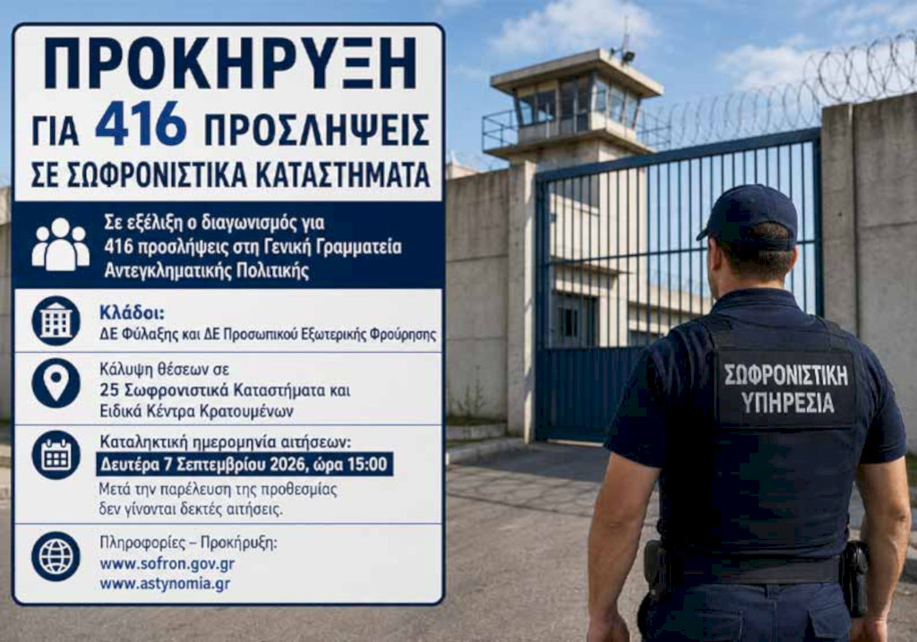 Πρόσληψη 416 ατόμων στη Γενική Γραμματεία Αντεγκληματικής Πολιτικής