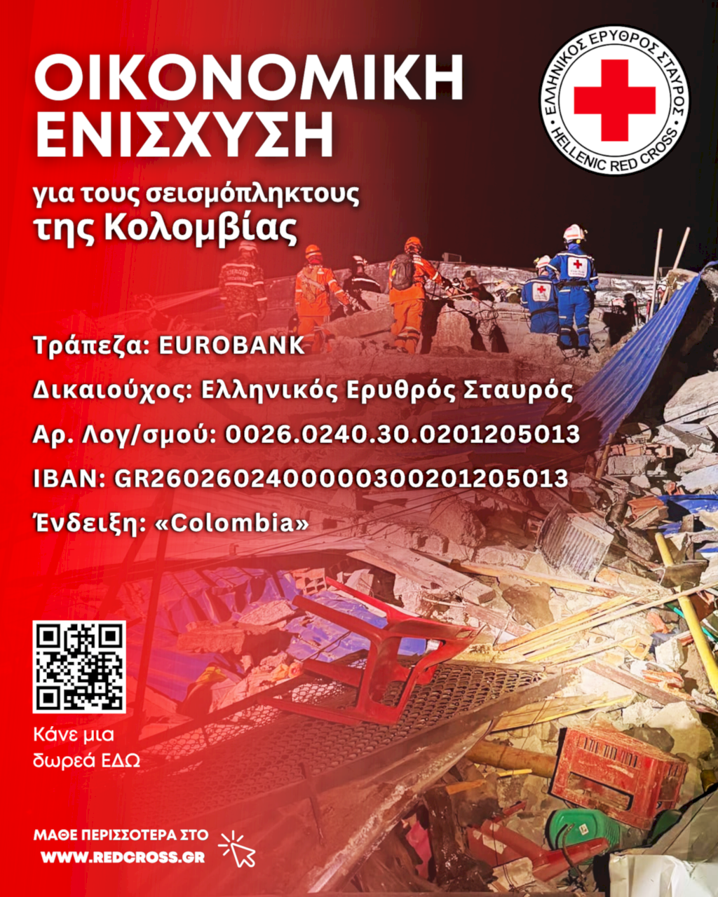 Ο Ελληνικός Ερυθρός Σταυρός συγκεντρώνει χρήματα για τους σεισμοπαθείς της Κολομβίας