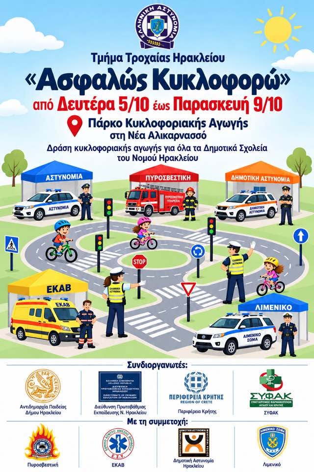 Ηράκλειο: Ξεκινά σήμερα η πενθήμερη εκπαιδευτική δράση “Ασφαλώς Κυκλοφορώ”